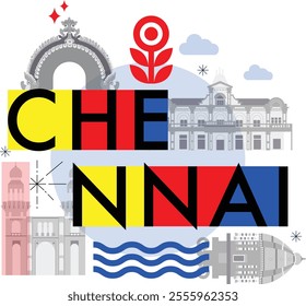 Chennai culture travel set, Indian famous architectures and specialties in flat design. Business travel and tourism concept clipart. Image for presentation, banner, website, advert, flyer, roadmap