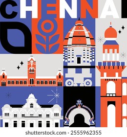 Chennai culture travel set, Indian famous architectures and specialties in flat design. Business travel and tourism concept clipart. Image for presentation, banner, website, advert, flyer, roadmap