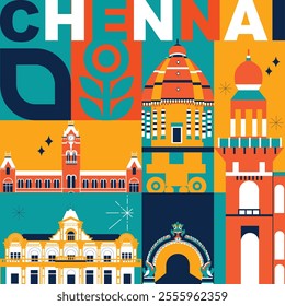 Chennai culture travel set, Indian famous architectures and specialties in flat design. Business travel and tourism concept clipart. Image for presentation, banner, website, advert, flyer, roadmap