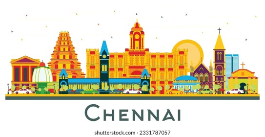 Esquina de la ciudad de Chennai India con monumentos de color aislados en blanco. Ilustración vectorial. Concepto de viajes de negocios y turismo con arquitectura histórica. El paisaje urbano de Chennai con monumentos.