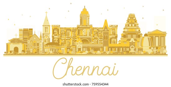 Chennai India City skyline golden silhouette. Vector illustration. Simple flat concept for tourism presentation, banner, placard or web site. Business travel concept.