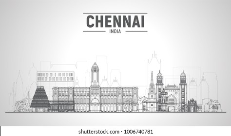 Chennai ( India ) line skyline with panorama in white background. Vector Illustration. Business travel and tourism concept with modern buildings. Image for presentation, banner, placard and web site.