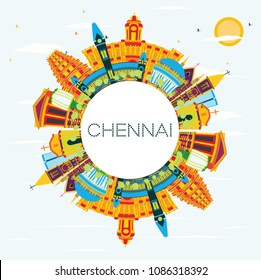 Chennai India Skyline with Color Landmarks, Blue Sky and Copy Space. Vector Illustration. Business Travel and Tourism Concept with Historic Architecture. Chennai Cityscape with Landmarks.
