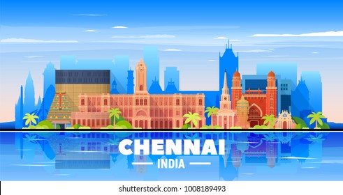 Chennai ( India ) skyline with panorama in sky background. Vector Illustration. Business travel and tourism concept with modern buildings. Image for presentation, banner, placard and web site.