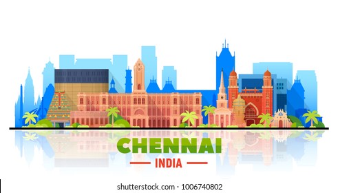 Chennai ( India ) skyline with panorama in white background. Vector Illustration. Business travel and tourism concept with modern buildings. Image for presentation, banner, placard and web site.