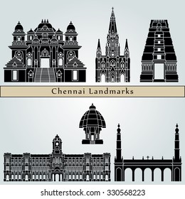 Chennai landmarks and monuments isolated on blue background in editable vector file