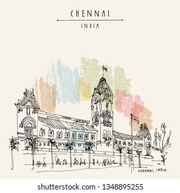 Chennai (Madras), Tamil Nadu, India. Central railway station. Beautiful British era colonial building in India. Travel sketch. Hand drawing. Vintage hand drawn Chennai postcard. Vector illustration