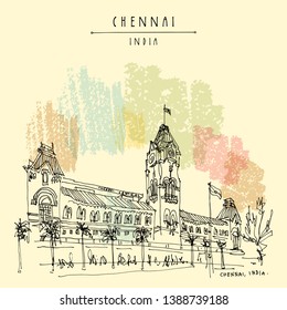 Chennai (Madras), Tamil Nadu, India. Central railway station. Beautiful British era colonial building in India. Travel sketch. Hand drawing. Vintage hand drawn Chennai postcard. Vector illustration