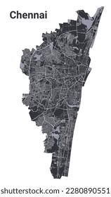 Mapa de Chennai. Mapa vectorial detallado del área administrativa de la ciudad de Chennai. Vista de la aria metropolitana de Cityscape poster. Tierra negra con caminos blancos y avenidas. Fondo blanco.