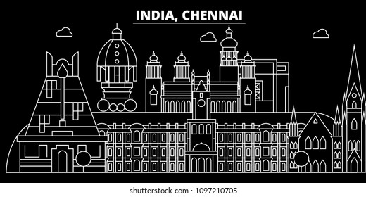 Chennai Silhouette Skyline. India - Chennai Vector City, Indian Linear Architecture, Buildings. Chennai Travel Illustration, Outline Landmarks. India Flat Icons, Indian Line Banner