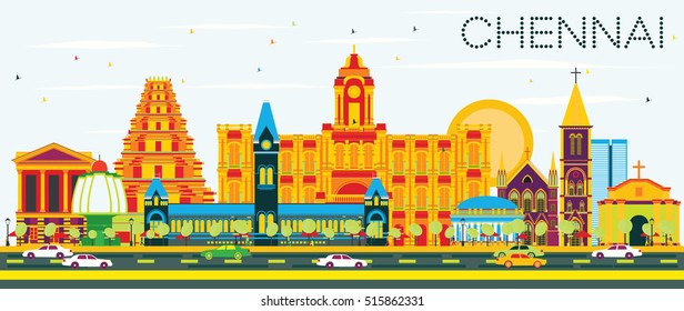 Chennai Skyline with Color Landmarks and Blue Sky. Vector Illustration. Business Travel and Tourism Concept with Historic Architecture. Image for Presentation Banner Placard and Web Site.