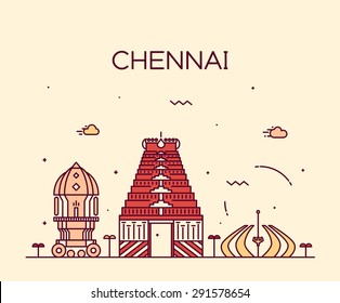 Chennai skyline, detailed silhouette. Trendy vector illustration, linear style.