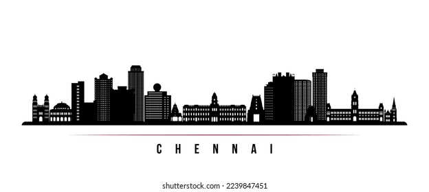 Chennai skyline horizontal banner. Black and white silhouette of Chennai, India. Vector template for your design. 