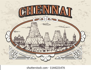 Chennai Skyline, India, In A Decorative Vintage Frame, Retro Hand Drawn Temples Of Chennai City.