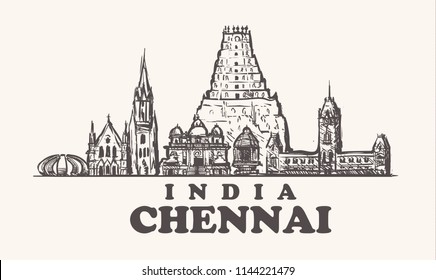 Chennai Skyline, India Vintage Vector Illustration, Hand Drawn Temples Of Chennai City, On White Background.