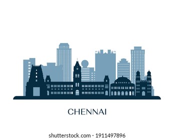 Chennai skyline, monochrome silhouette. Vector illustration.