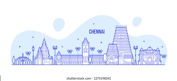 Chennai skyline, Tamil Nadu, India. This illustration represents the city with its most notable buildings. Vector is fully editable, every object is holistic and movable