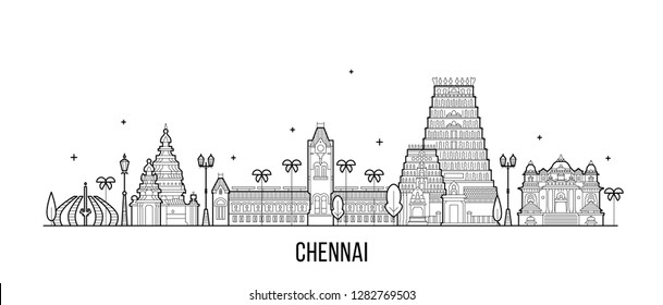 Chennai skyline, Tamil Nadu, India. This illustration represents the city with its most notable buildings. Vector is fully editable, every object is holistic and movable