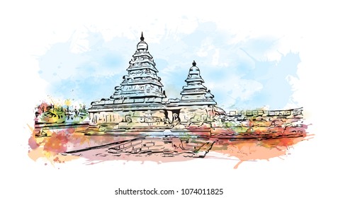 Chennai, state of Capital in Tamil Nadu, India. Watercolour splash with Hand drawn sketch illustration in vector.
