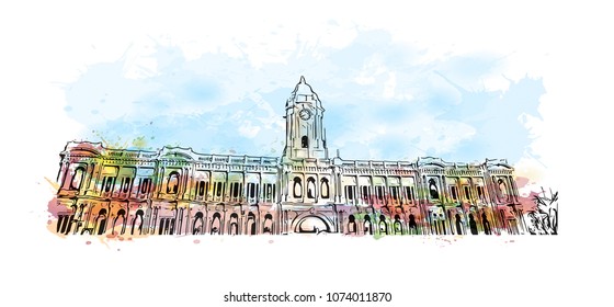 Chennai, state of Capital in Tamil Nadu, India. Watercolour splash with Hand drawn sketch illustration in vector.