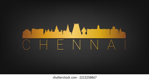 Chennai, Tamil Nadu, India Gold Skyline City Silhouette Vector. Golden Design Luxury Style Icon Symbols. Travel and Tourism Famous Buildings.