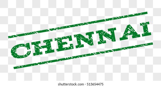 Chennai watermark stamp. Text caption between parallel lines with grunge design style. Rubber seal stamp with dirty texture. Vector green color ink imprint on a chess transparent background.