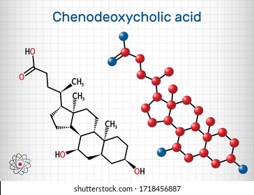 Chenodeoxycholic acid, CDCA, chenocholic acid, C24H40O4 molecule. It is bile acid naturally found in the body. It is used as cholagogue, choleretic laxative, and to dissolve gallstones. Vector 