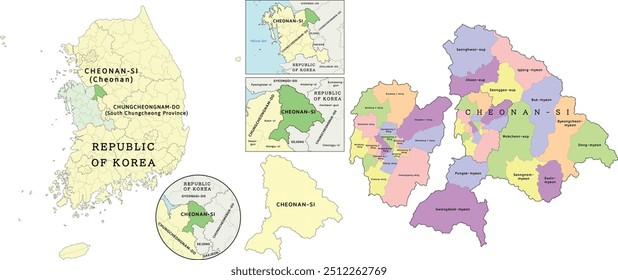 Cheonan-si (Cheonan) location on Chungcheongnam-do (South Chungcheong Province) and Republic of Korea (South Korea) map. Colored. Vectored