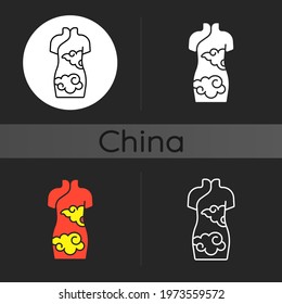 Cheongsam dark theme icon. Female kimono. Asian traditional clothes. Lunar New Year clothing. Qipao for women. Linear white, simple glyph and RGB color styles. Isolated vector illustrations