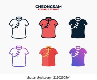 Cheongsam Kleid chinesische Frau Symbol mit verschiedenen Stilen. Symbole, die in den Farben Füllung, Umriss, flach, Glyphe und Linie entworfen wurden. Bearbeitbarer Strich und Pixel perfekt. Verwendet für Web, Mobile, ui und mehr.