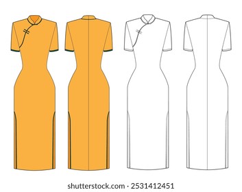 Cheongsam Flat Design-Vorlage und technischer Zeichnungsvektor