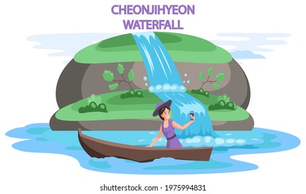 Cheonjiyeon Waterfall famous landmark of Jeju Island in south Korea. Popular place for visiting tourists, jeju green tropical island with water travel. Korean land with traditional attractions