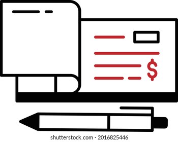 Cheque or bill of exchange Vector Icon Design, Business and Management Symbol, Banking and finance Sign, ECommerce and Delivery Stock illustration, Checkbook with pen Concept