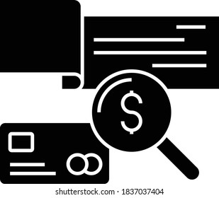 Cheque book, Credit Card with Magnifying Glass Vector Glyph Icon Design, Consolidation Loans & Debt Concept, Credit Loan and Financing Symbol on White background