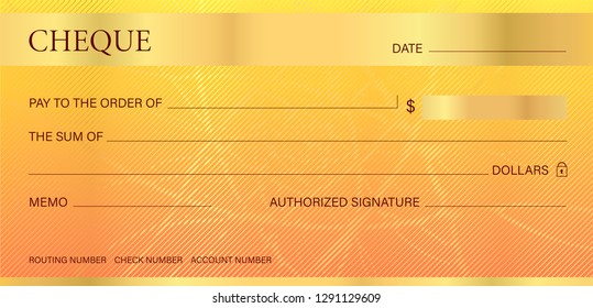 Cheque, Check (Chequebook template). Guilloche pattern with abstract line watermark. Gold background hi detailed for banknote, money design,currency, bank note, Voucher, Gift certificate, Money coupon