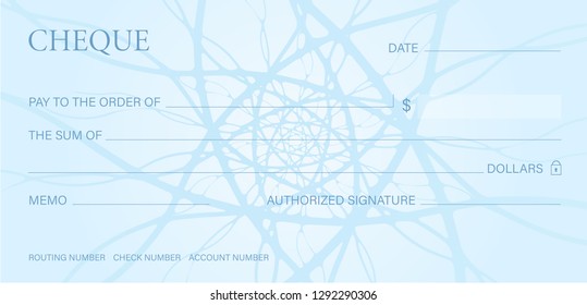 Cheque, Check (Chequebook template). Guilloche pattern with abstract line watermark. Background hi detailed for banknote, money design, currency, bank note, Voucher, Gift certificate, Money coupon