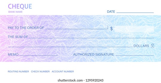 Cheque, Check (Chequebook template). Guilloche pattern with abstract line watermark. Background hi detailed for banknote, money design, currency, bank note, Voucher, Gift certificate, Money coupon