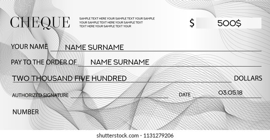 Cheque (Check template), Chequebook template. Silver bank cheque with guilloche pattern with business abstract watermark. Background for banknote design, Voucher, Gift certificate, Coupon, ticket