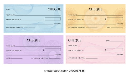 Cheque With Guilloche. Bank Chequebook Template. Blank Mockup For Banknote Voucher With Spirograph Watermark And Abstract Pattern Vector Set. Illustration Cheque Banknote With Spirograph