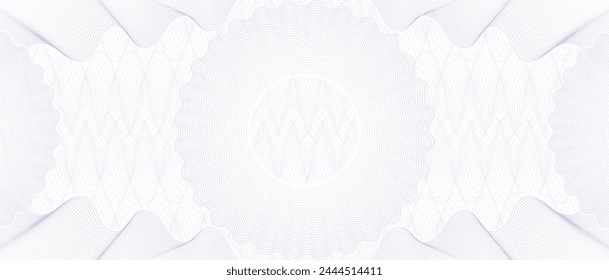 Cheque guilloche watermark and money paper pattern background. Vector bank cheque or check, gift certificate, voucher or coupon, currency banknote or bill background with spiral blue lines pattern