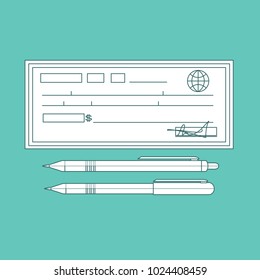 Cheque icon in flat style. Contour Cheque book on colored background. Bank check with pen. Concept illustration pay, payment, buy. Stock vector illustration.