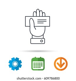Cheque icon. Giving hand sign. Paying check in palm symbol. Calendar, cogwheel and download arrow signs. Colored flat web icons. Vector
