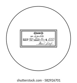 Cheque icon in outline style isolated on white background. Money and finance symbol stock vector illustration.