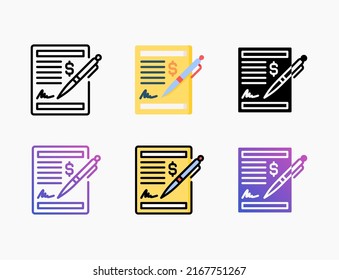 Cheque icon set with line, outline, flat, filled, glyph, color, gradient. Editable stroke and pixel perfect. Can be used for digital product, presentation, print design and more.
