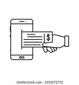 Cheque or invoice payment method, money transfer illustration with holding hand and smartphone icon.