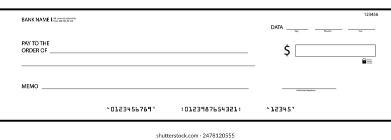 Cheque de dinero, talonario de cheques en blanco, pago de negocios o vale de banco blanco negro diseño de cheque de dinero, pago en blanco, cheque de pago, Ilustración vectorial