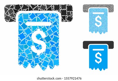 Cheque payment mosaic of abrupt elements in variable sizes and color hues, based on cheque payment icon. Vector tuberous elements are combined into collage.