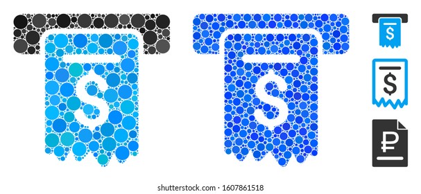 Cheque payment mosaic of round dots in different sizes and color tinges, based on cheque payment icon. Vector round elements are composed into blue mosaic.