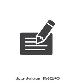Cheque and pen vector icon. filled flat sign for mobile concept and web design. Bank cheque signing simple solid icon. Symbol, logo illustration. Pixel perfect vector graphics