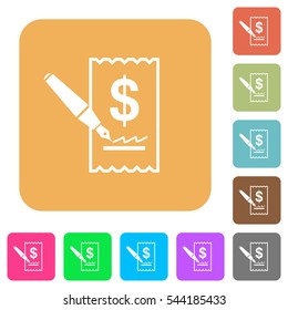 Cheque signing icons on rounded square vivid color backgrounds.